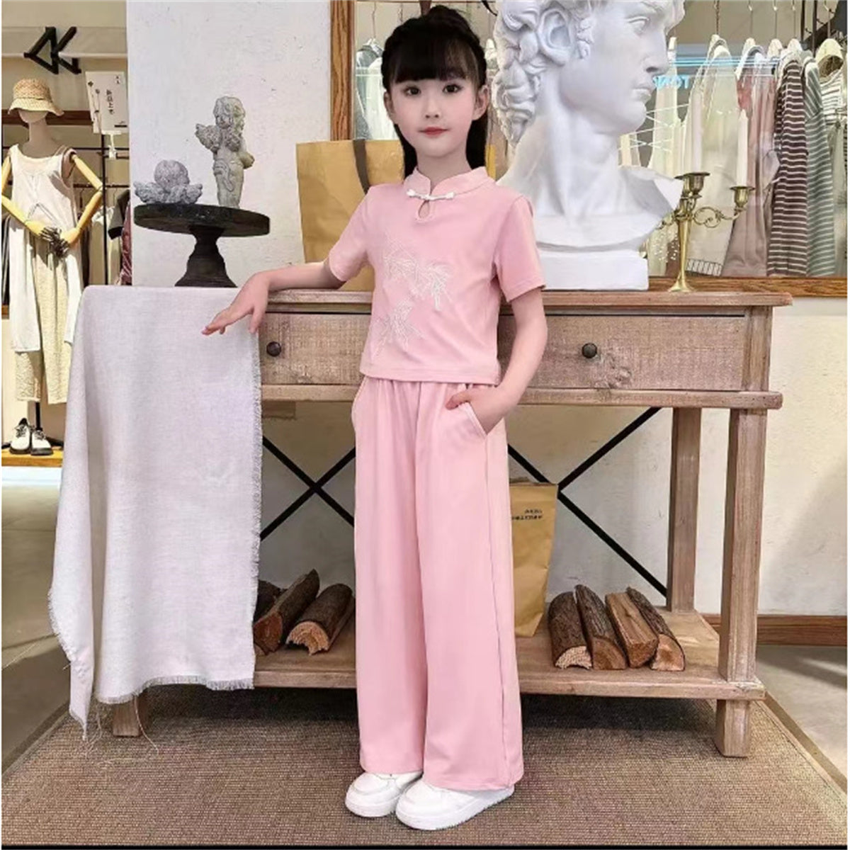 Girls solid color casual fashion temperament summer new short-sleeved trousers two-piece suit