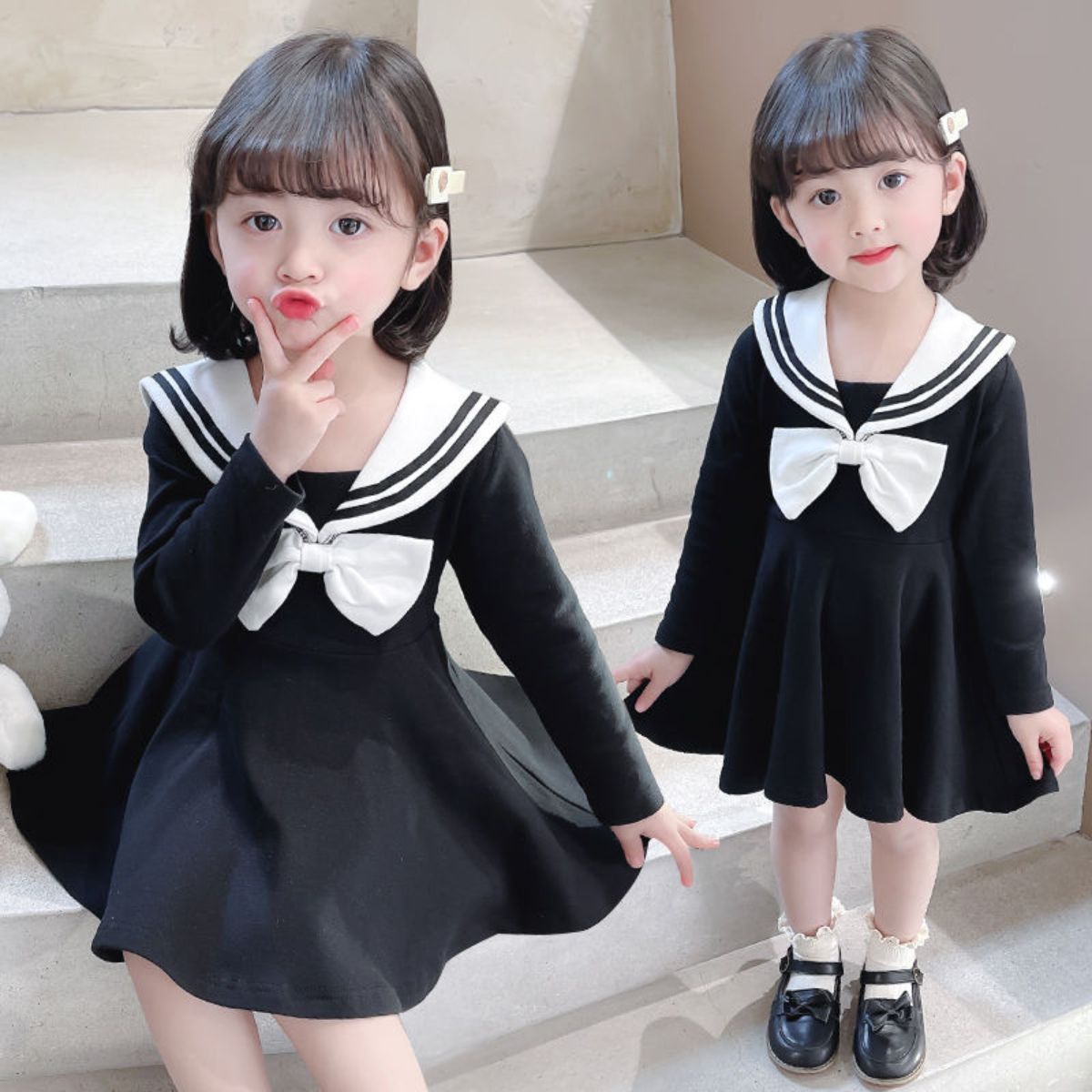 Autumn girls navy style princess dress