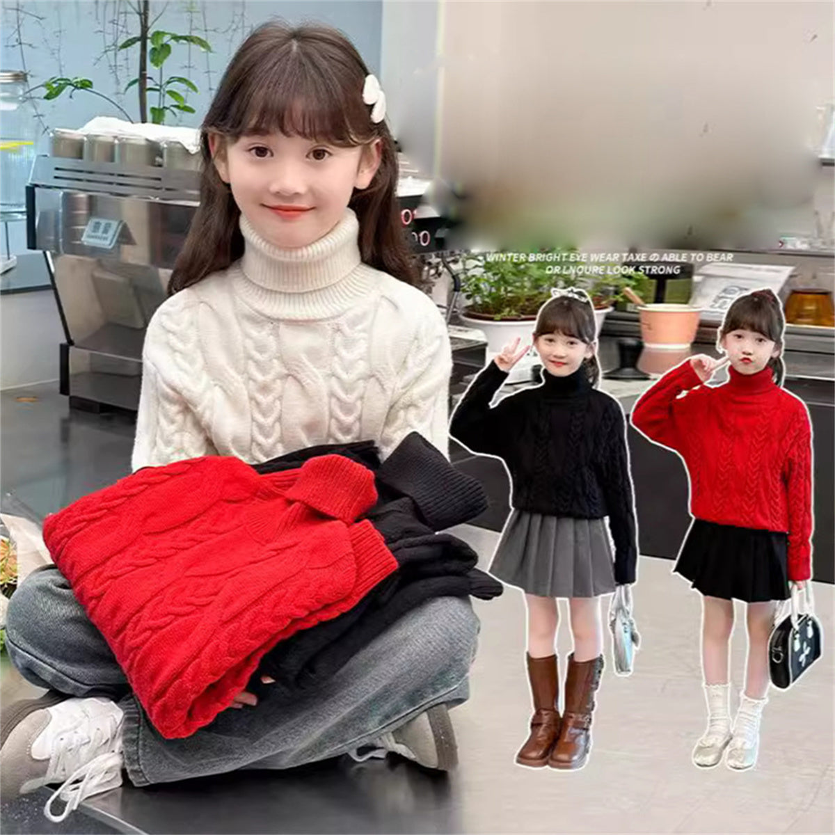 Children's Fashion Pullover Turtleneck Tops for Middle and Large Children Linen Bottom Knitted Sweaters