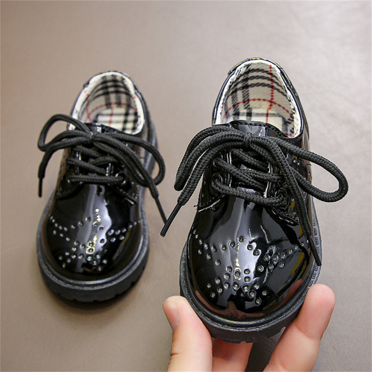 Little boy's spring and autumn British gentleman style party performance plaid waterproof water-soled leather shoes