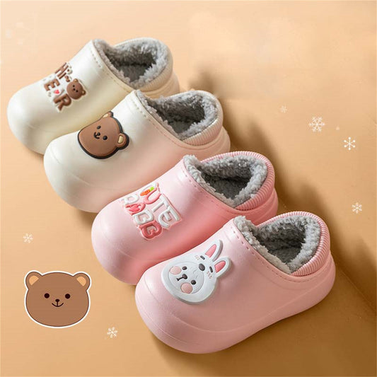 Children's boys and girls autumn and winter cute patterns indoor non-slip home waterproof plus velvet cotton slippers