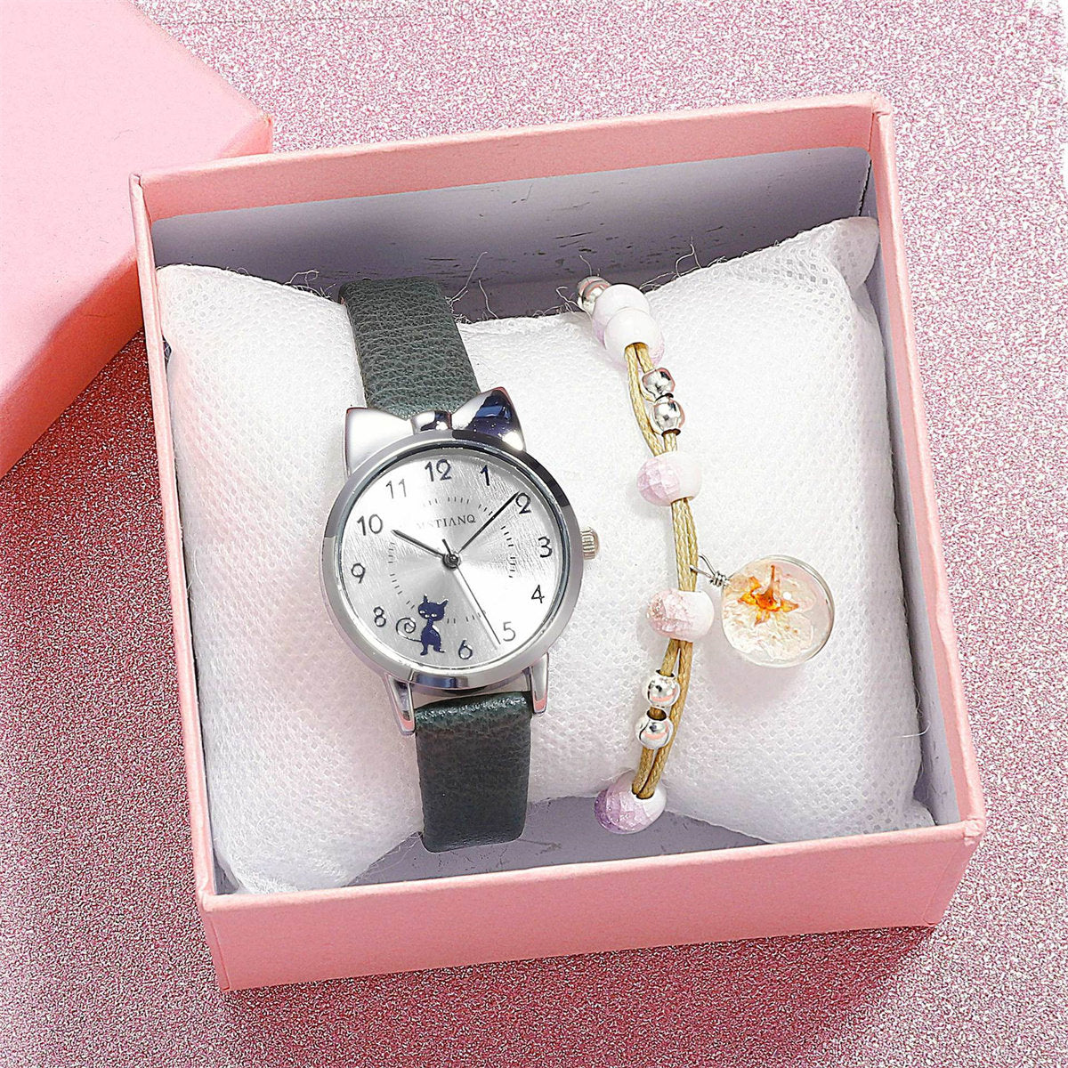 Children Girls 2-piece Set Cute Lady Style Cartoon Cat Moon Bracelet Watch