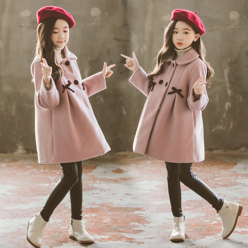 Girls solid color cute medium-length princess woolen coat