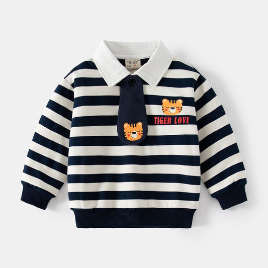 Navy blue striped boy lapel sweatshirt handsome tie long sleeve children's clothing cartoon tiger cute autumn sweatshirt