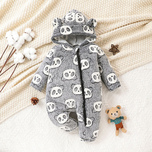 Baby boy fashion cute cartoon panda full body printing slanted zipper three-dimensional ear shape hooded long-sleeved jumpsuit long-legged crawling suit winter