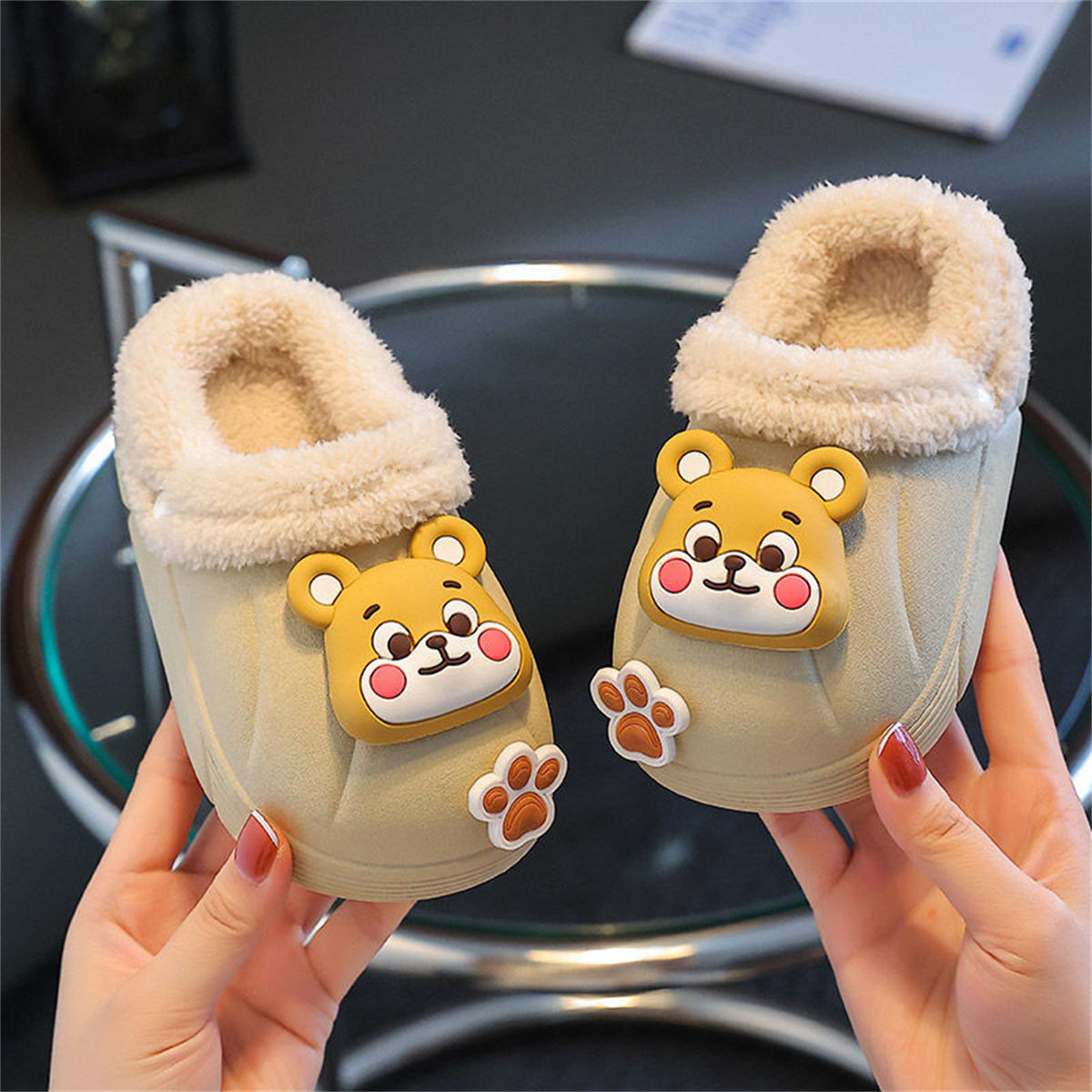 Winter waterproof plush 3D cartoon bear pattern cotton slippers for boys and girls