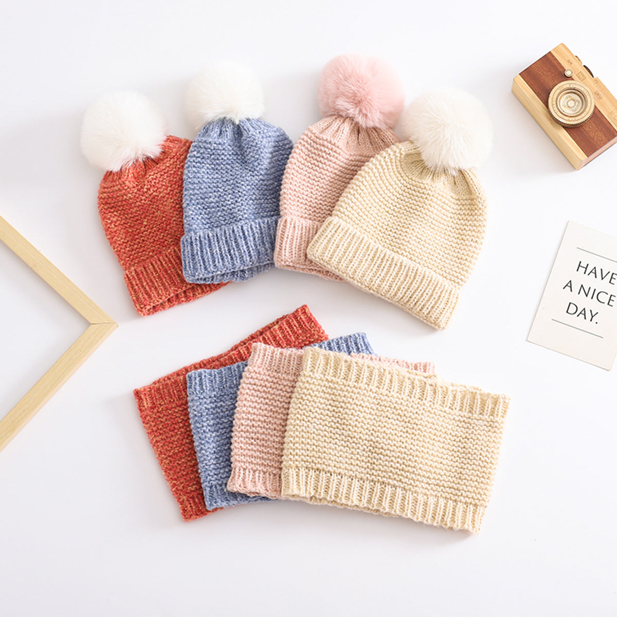 Children's fur ball hat and neck set