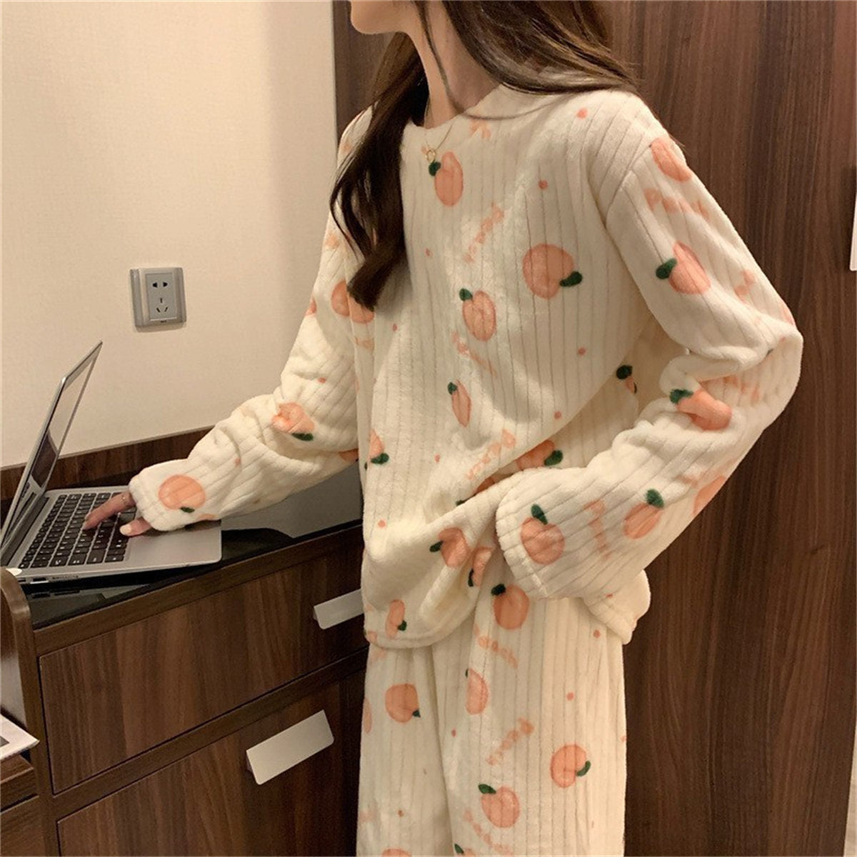 Bear bow print coral fleece suit home clothes