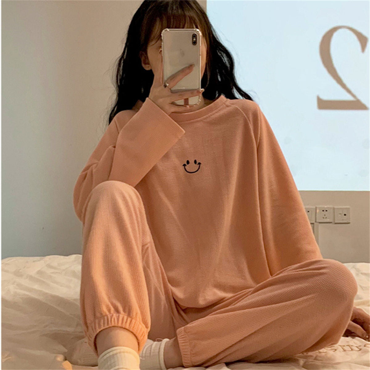 Long-sleeved waffle pajamas sweet girl round neck loose casual home clothes