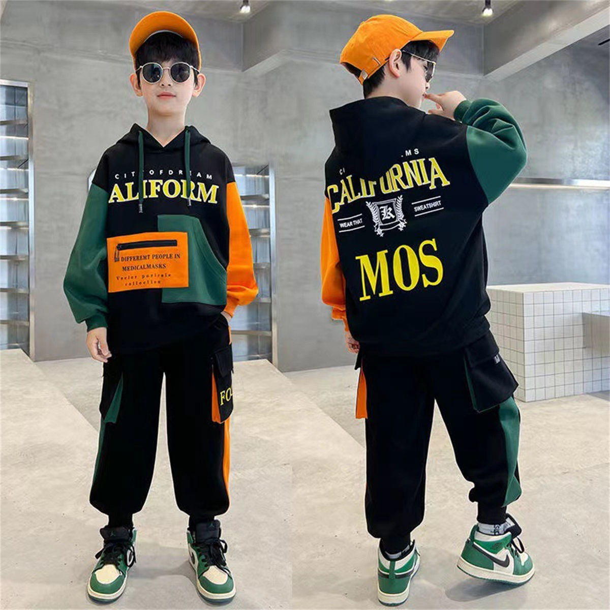 Middle and large boys autumn color matching fashionable bright color hooded sweatshirt suit