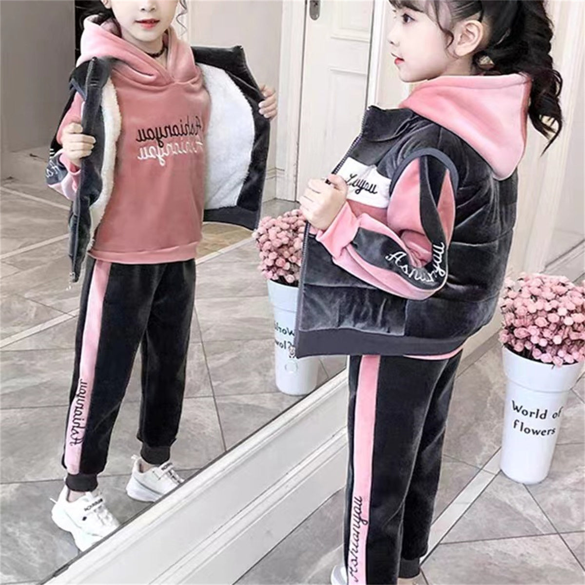 Girls' fashionable daily thickened sports three-piece suit