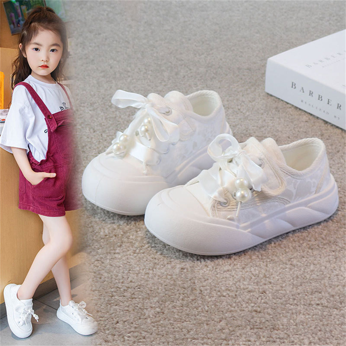 Little girl's pink pearl style sweet temperament comfortable bottom low-top canvas shoes