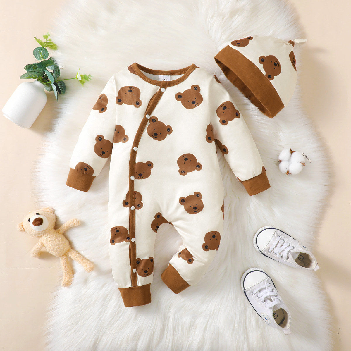 2-piece Baby Boy Allover Bear Printed Long-sleeved Long-leg Romper & Matching Infant Hat