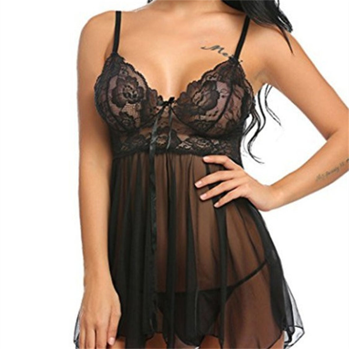 Sexy lingerie women's see-through front slit suspender nightdress