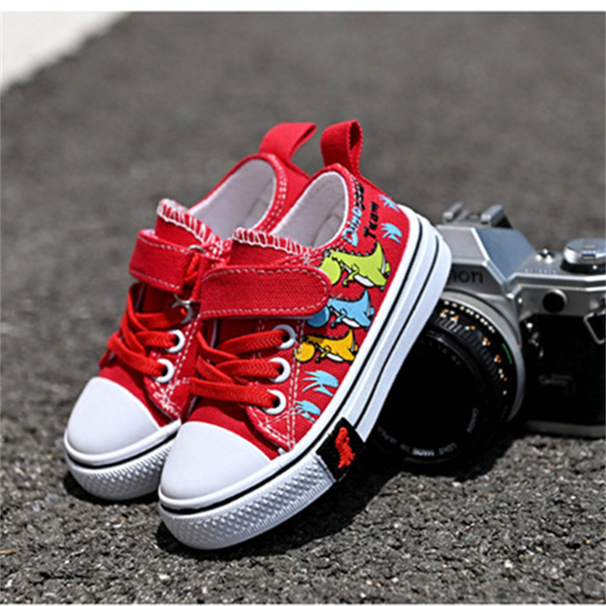 Toddler Boys Cartoon Dinosaur Pattern Velcro Supportive Lightweight Low-top Canvas Shoes