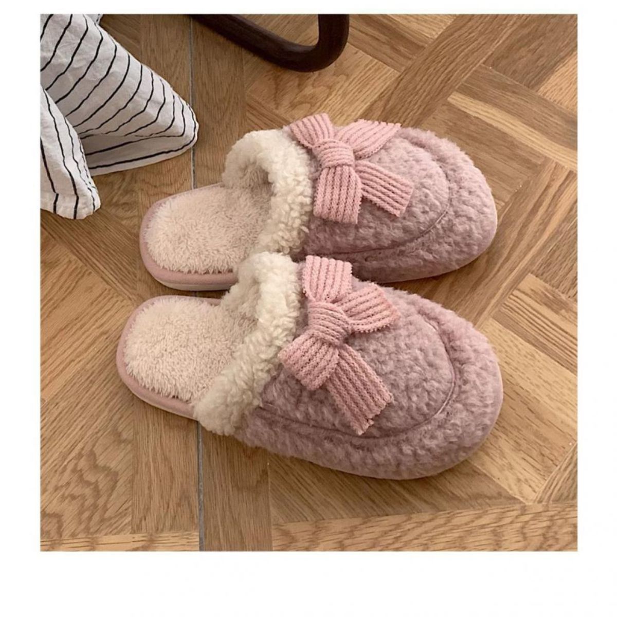 Bowknot warm non-slip plush cotton slippers