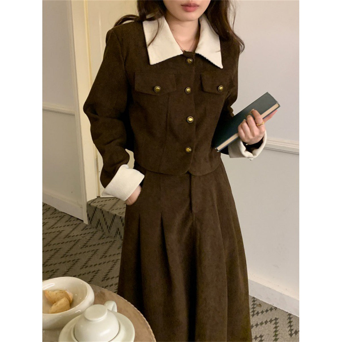 Corduroy contrast lapel short jacket + high waist skirt set