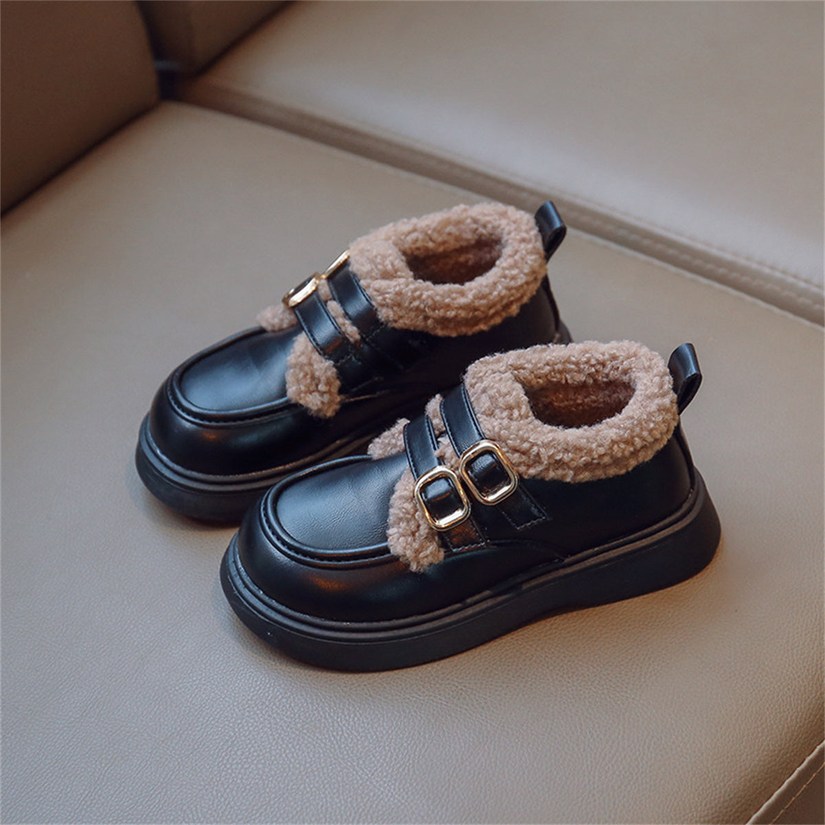 Children's girls' winter style British style plus velvet warm leather shoes low-top cotton shoes