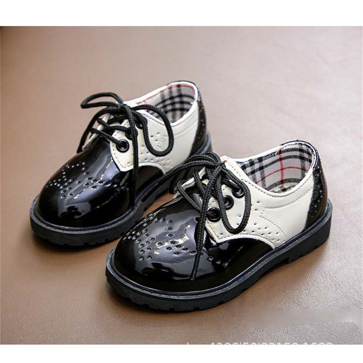 Little boy's spring and autumn British gentleman style party performance plaid waterproof water-soled leather shoes