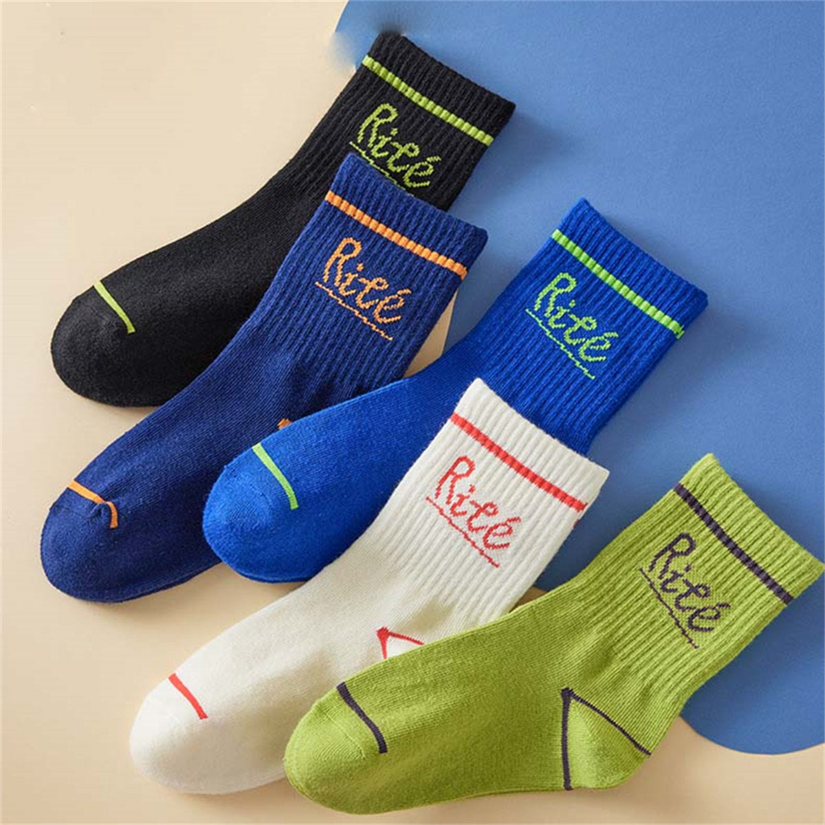 Children's 5-piece set for boys, bright color stitching, sports and leisure, pure cotton mid-tube socks