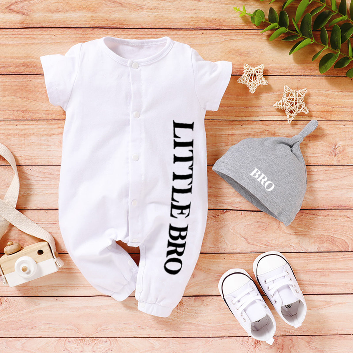 Pure cotton open chest letter print one-piece romper + hat