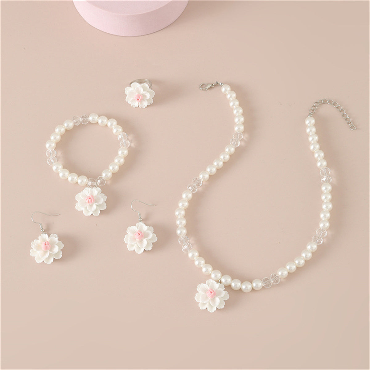 Children's 4-piece design sweet style imitation pearl flower pendant jewelry set