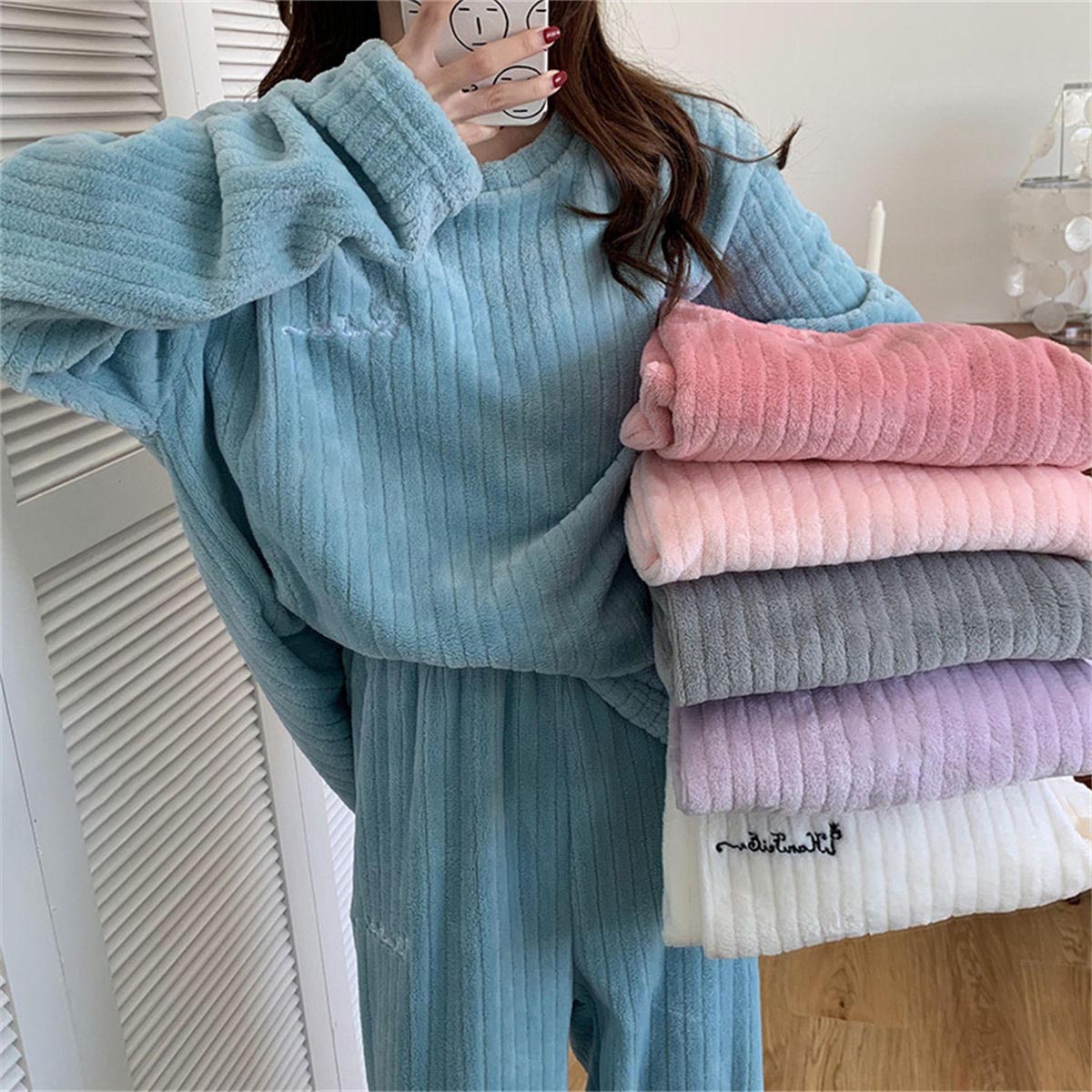 Coral Fleece Pajamas Women's Long Sleeve Thickened Home Clothes Peach Comfort Cotton Set