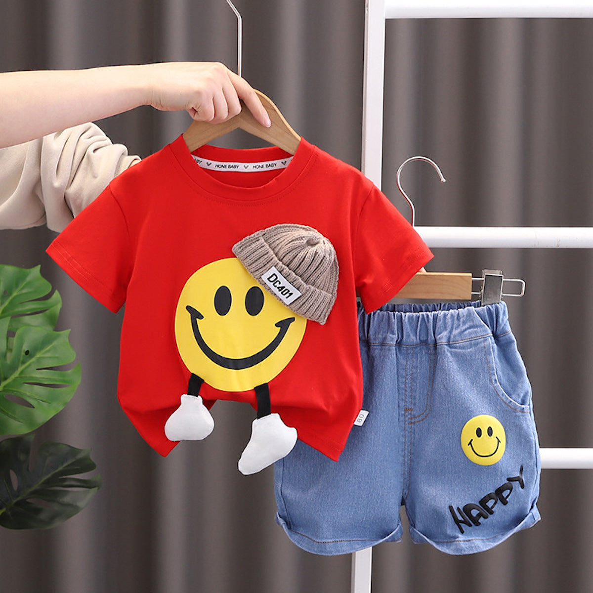 Children's clothing boys summer suit new style short-sleeved cartoon T-shirt denim shorts two-piece suit