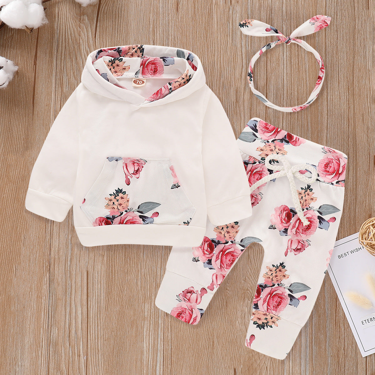 Baby Floral Printed Long-sleeve Hoodie & Pants With Headband