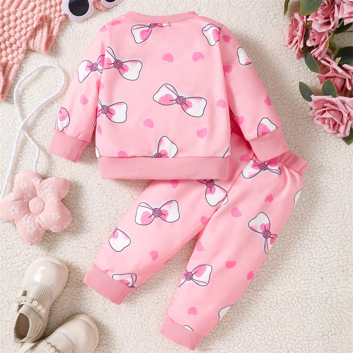 Baby Girl Cartoon Character Bow Heat Transfer Sweatshirt + Bow Print Sweatpants