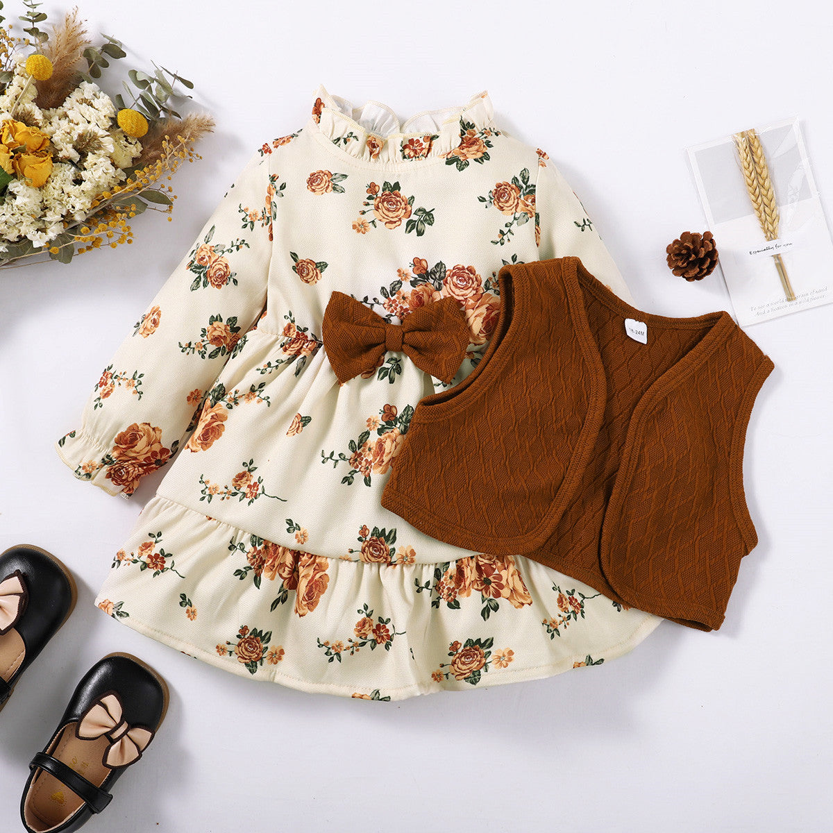 Brown vest small floral long sleeve dress suit