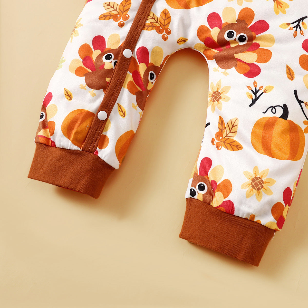 Romper with hat for autumn, Halloween and Thanksgiving design, featuring turkey and pumpkin prints