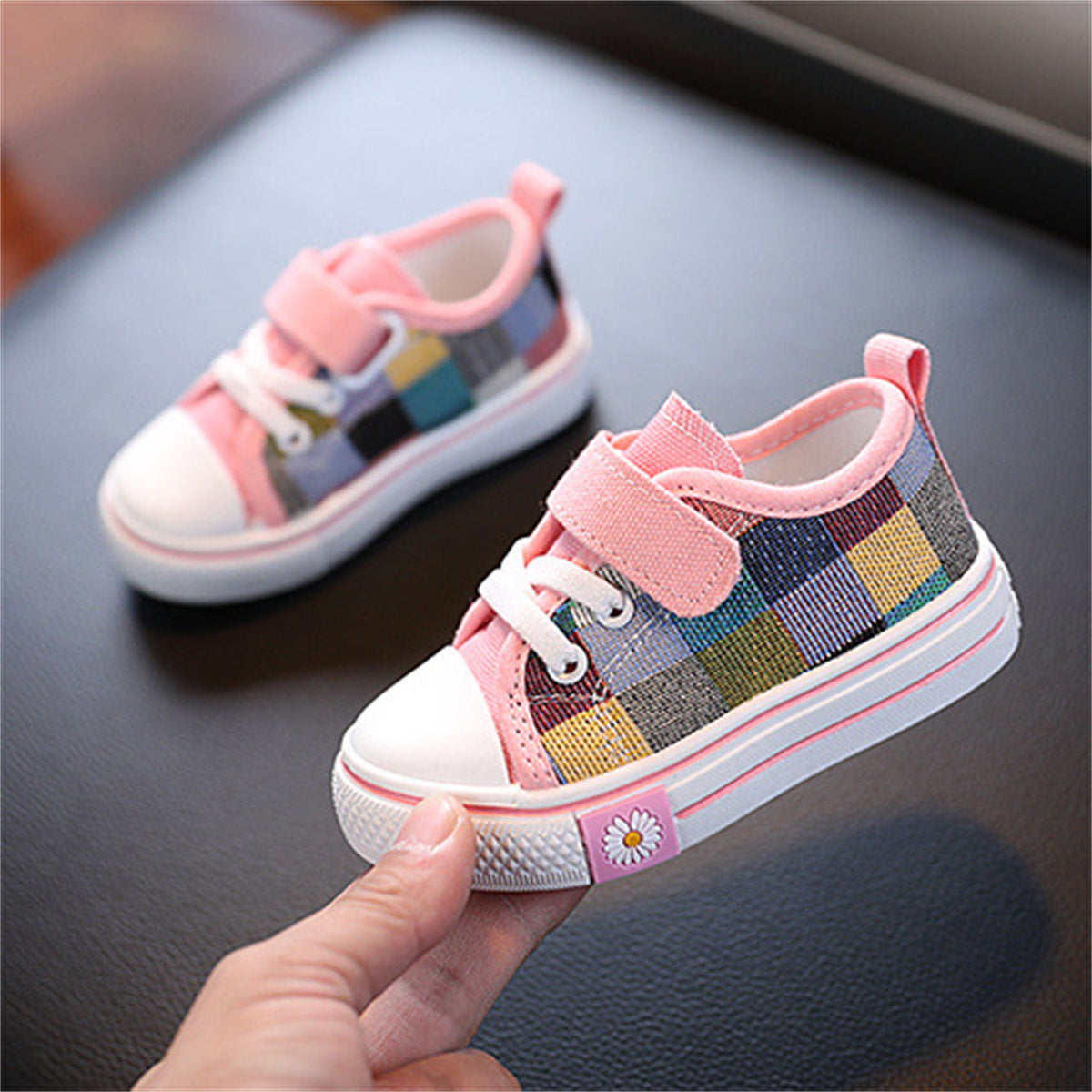 Children's and boys' spring and autumn British style color matching knitted non-slip Velcro low-top canvas shoes