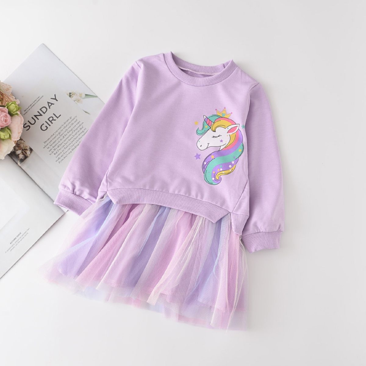 Autumn Girls Dress Girls Cartoon Sweater Mesh Splicing Dress Children's Clothing