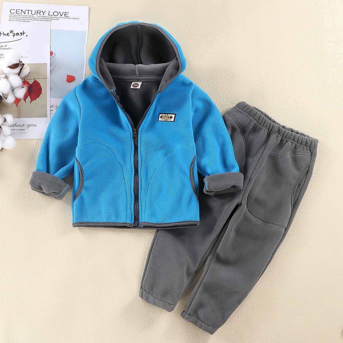 Children's autumn and winter polar fleece suits for middle and large children, boys and girls, outerwear, thickened spring style, hooded two-piece suit