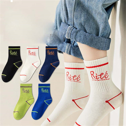 Children's 5-piece set for boys, bright color stitching, sports and leisure, pure cotton mid-tube socks