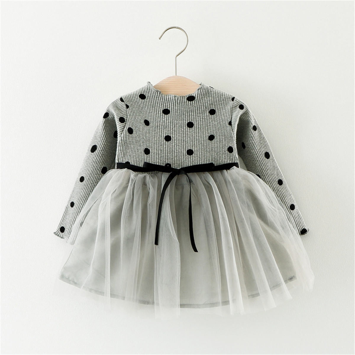 Girls Polka Dot Splicing Tulle Princess Dress Long Sleeve Dress