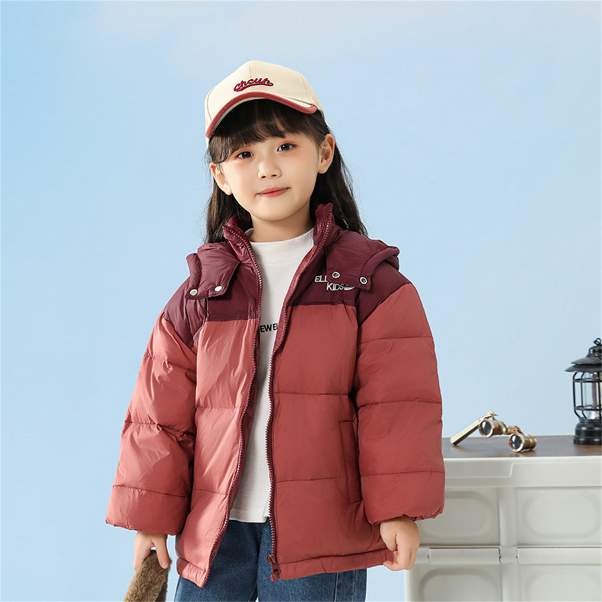 Winter color matching simple waterproof warm hooded short down jacket for middle and large boys and girls