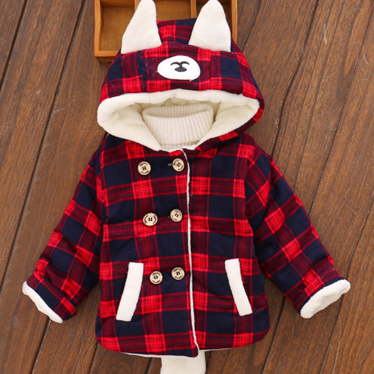 Plaid hooded plush and thickened double-breasted cotton jacket for boys and girls