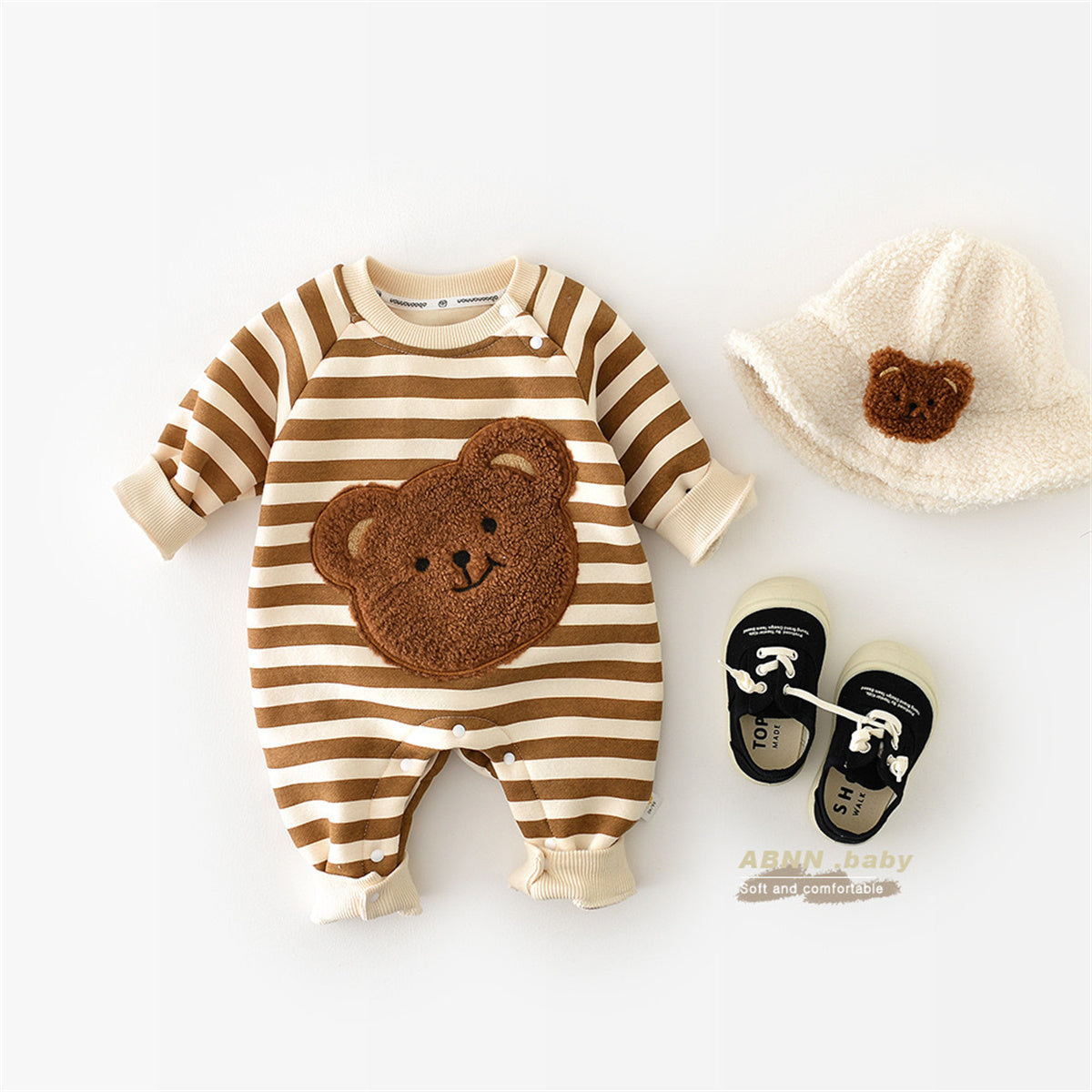 Infant striped fleece thickened bear doll romper