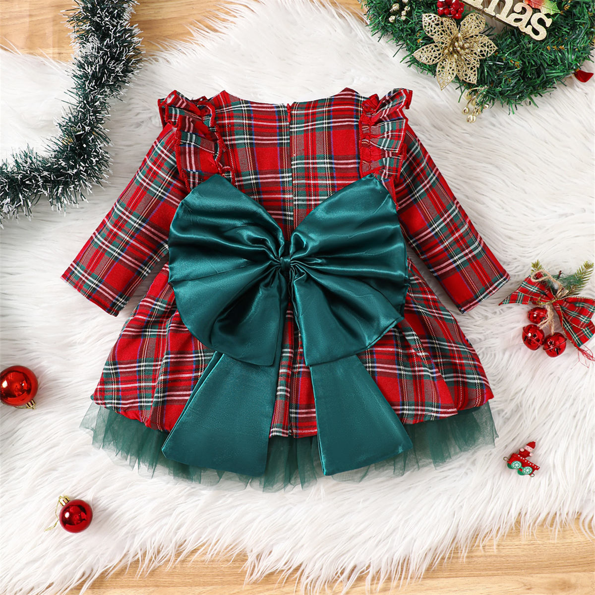 Holiday Women's Plaid Long Sleeve Dress Christmas Big Bow Mesh Princess Dress