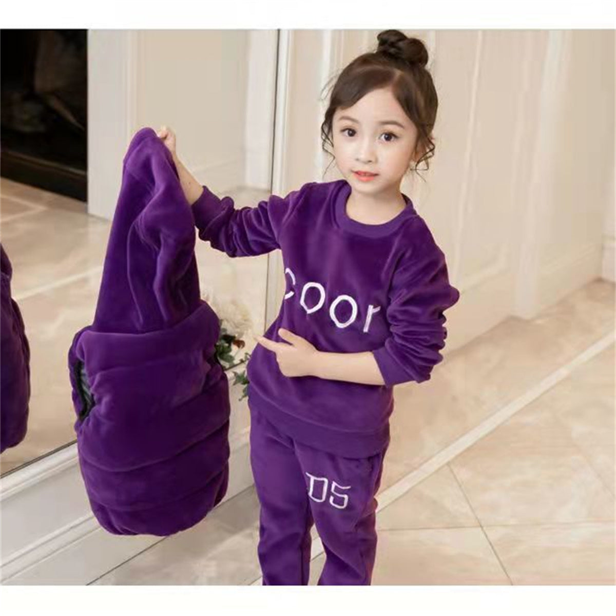 Medium and large girls casual sports style double-faced fleece casual sweatshirt three-piece set