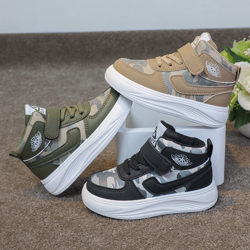 Middle and large boys spring and autumn camouflage sports style Velcro non-slip high-top sneakers