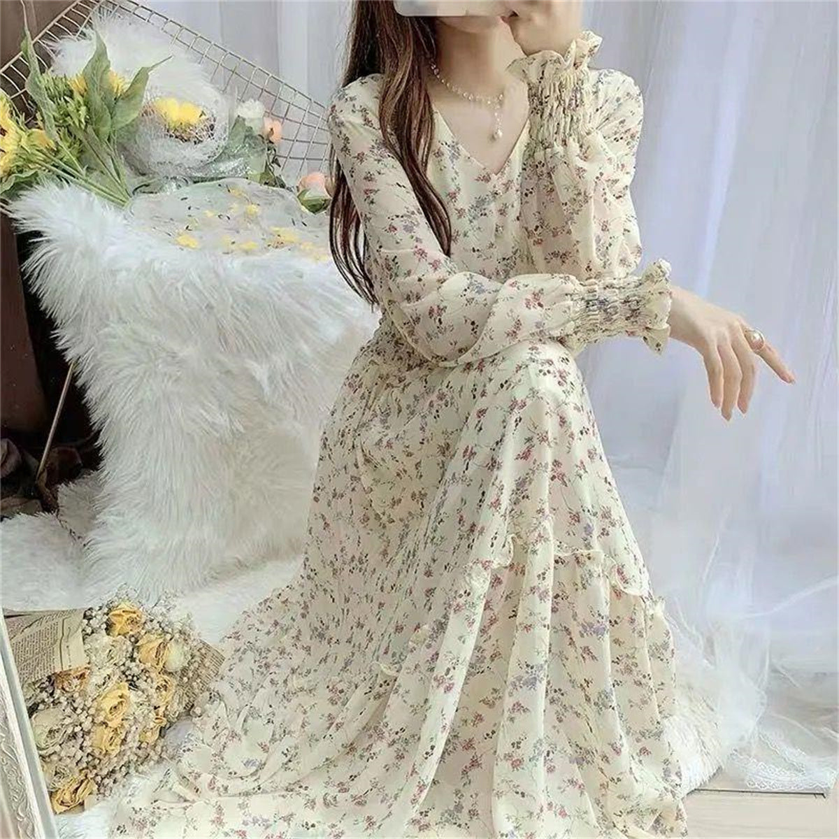 Adult floral chiffon ruffle dress