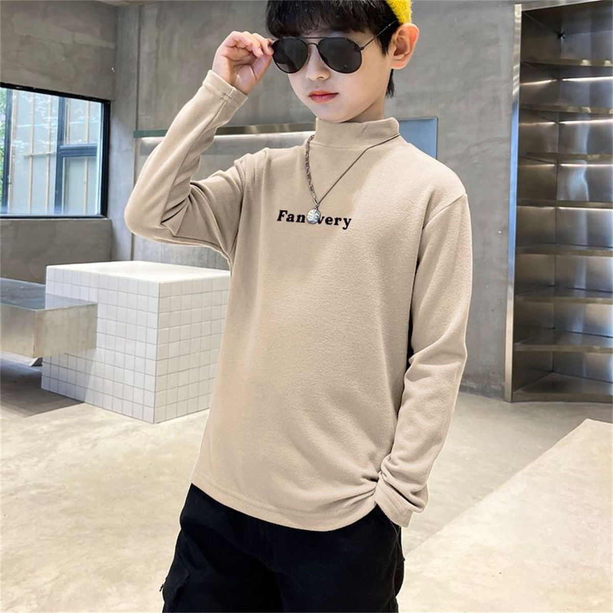 Winter simple letter style plus velvet warm half-high collar bottoming shirt for middle and large boys