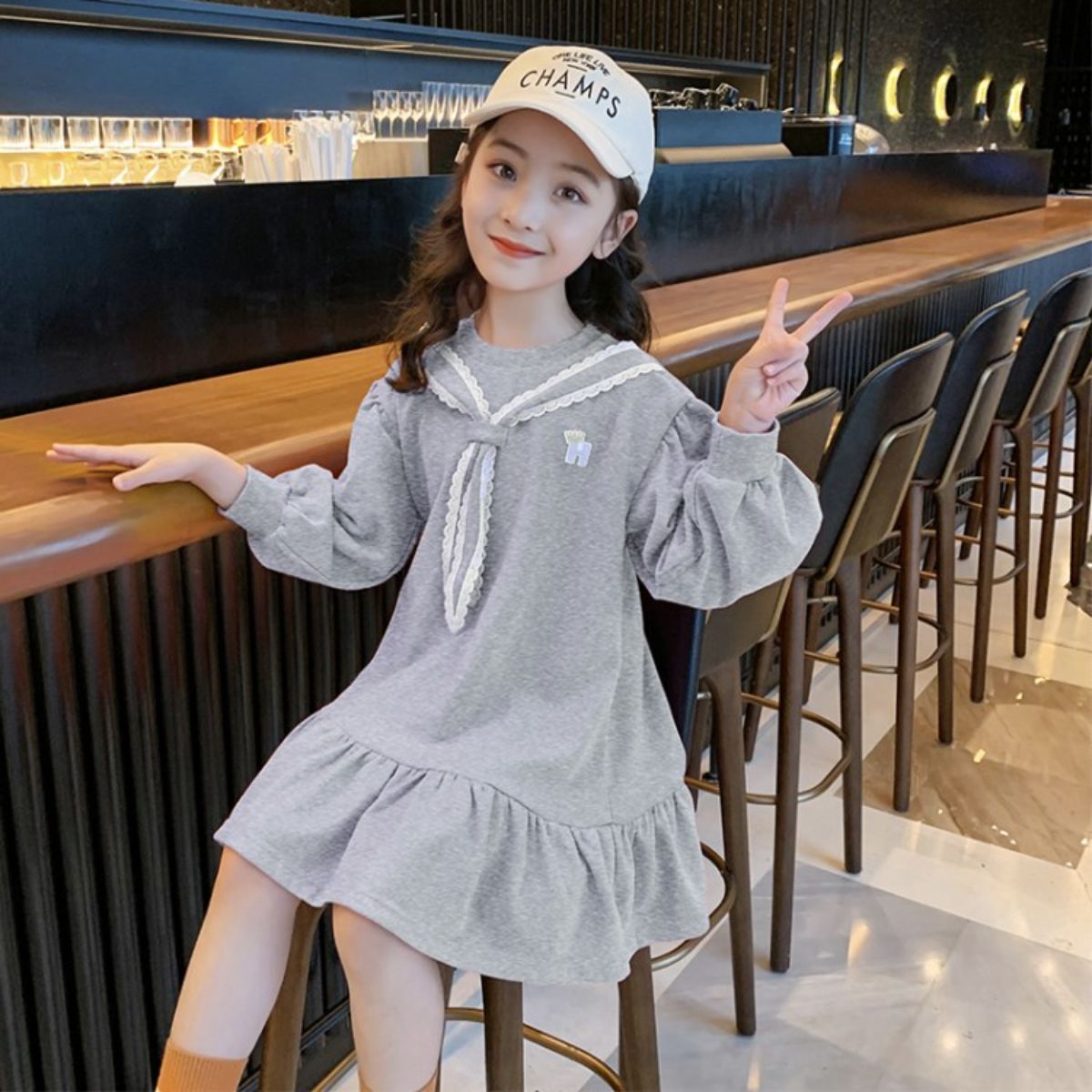 Girls autumn dress children's long-sleeved sweater dress spring and autumn middle and large children girls medium-length skirt