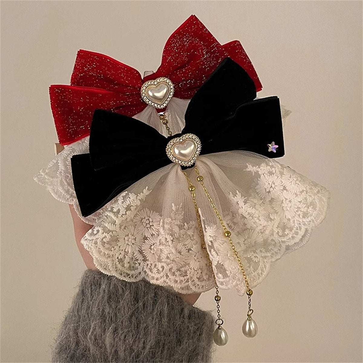 Women's Christmas sweet temperament lace red big bow single clip broken diamond hairpin