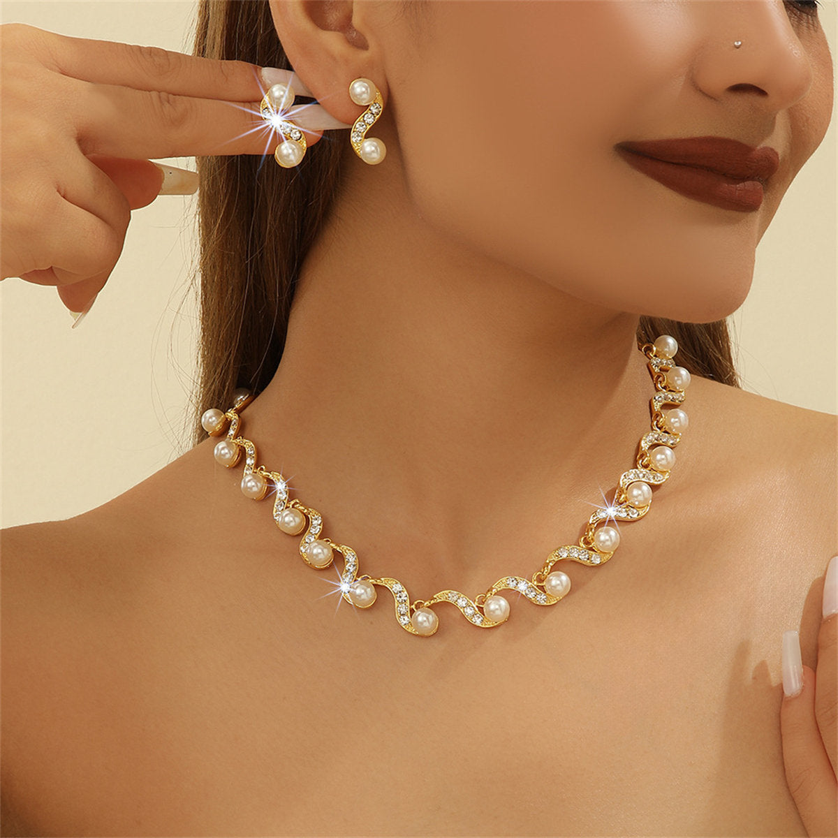 Women's 2-piece vintage elegant style sparkling pearl series bridal wedding accessories jewelry set