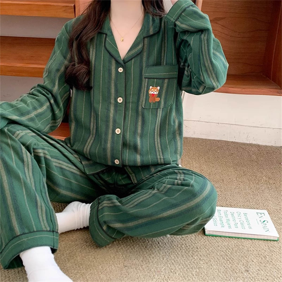 Bear striped long-sleeved large size suit thin section female cartoon homewear