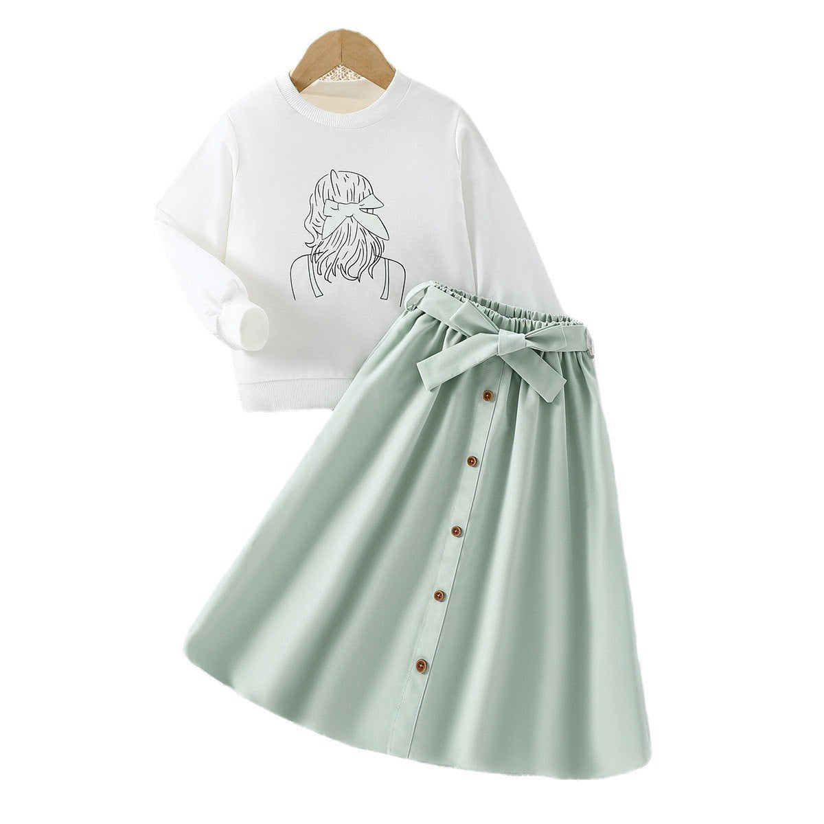 Green small fresh skirt head portrait pattern children's two-piece skirt